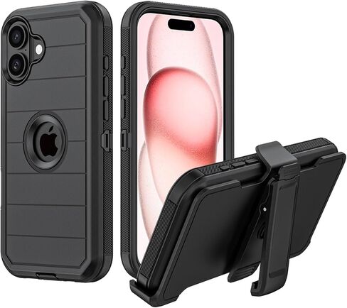 حافظة لهاتف Apple iPhone 16 مع مشبك حزام ومسند، حافظة متينة متعددة الطبقات لحماية الجسم بالكامل مع حزام حزام لهاتف Apple iPhone 16 6.1 بوصة (أسود) in Kuwait