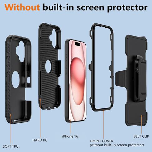 حافظة لهاتف Apple iPhone 16 مع مشبك حزام ومسند، حافظة متينة متعددة الطبقات لحماية الجسم بالكامل مع حزام حزام لهاتف Apple iPhone 16 6.1 بوصة (أسود) in Kuwait