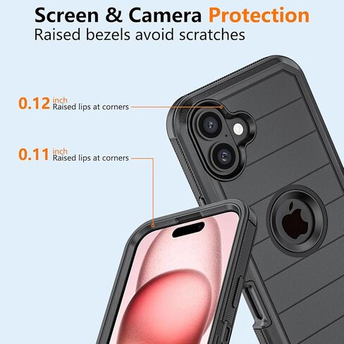 حافظة لهاتف Apple iPhone 16 مع مشبك حزام ومسند، حافظة متينة متعددة الطبقات لحماية الجسم بالكامل مع حزام حزام لهاتف Apple iPhone 16 6.1 بوصة (أسود) in Kuwait