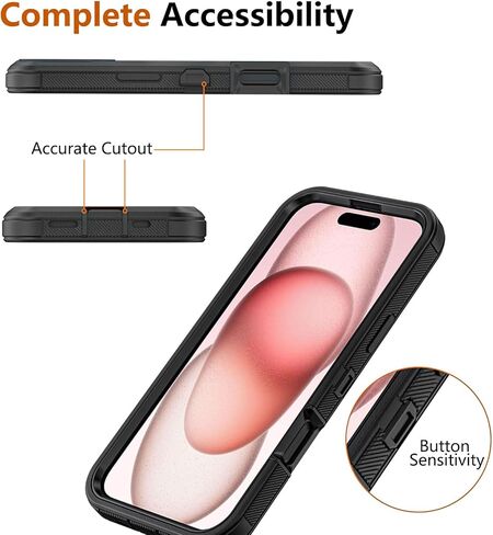 حافظة لهاتف Apple iPhone 16 مع مشبك حزام ومسند، حافظة متينة متعددة الطبقات لحماية الجسم بالكامل مع حزام حزام لهاتف Apple iPhone 16 6.1 بوصة (أسود) in Kuwait