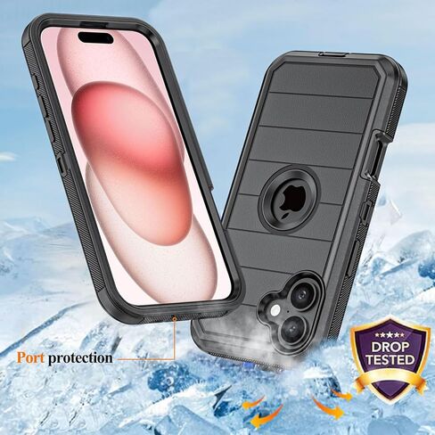 حافظة لهاتف Apple iPhone 16 مع مشبك حزام ومسند، حافظة متينة متعددة الطبقات لحماية الجسم بالكامل مع حزام حزام لهاتف Apple iPhone 16 6.1 بوصة (أسود) in Kuwait