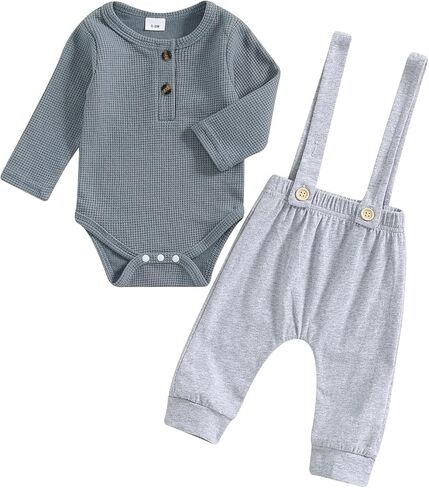fhutpw Baby Boy Clothes 3 6 12 18 Months Long Sleeves Romper & Suspender Pants Infant Outfits Fall Suit Two Piece Winter Sets in Kuwait