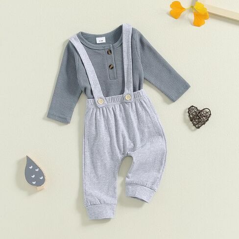 fhutpw Baby Boy Clothes 3 6 12 18 Months Long Sleeves Romper & Suspender Pants Infant Outfits Fall Suit Two Piece Winter Sets in Kuwait
