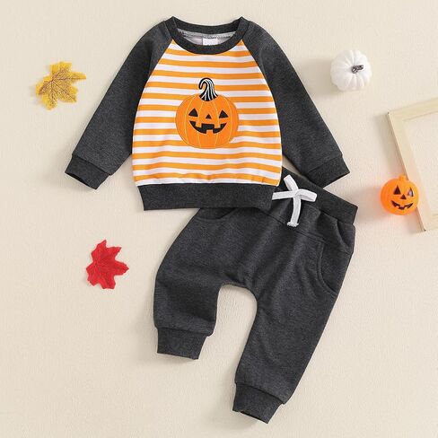 Baby Boys Halloween Two Piece Outfits Long Sleeve Pumpkin Letter Pullover Sweatshirt Pants Fall Winter Clothes in Kuwait