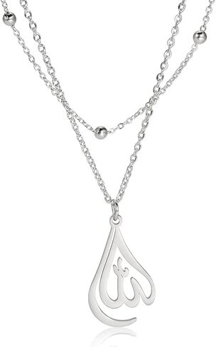 Islamic Muslim Allah Layered Necklaces For Women Stainless Steel Charm Water Drop Heart Shape Allah Pendant Double Layer Necklace Islamic Jewelry in Kuwait