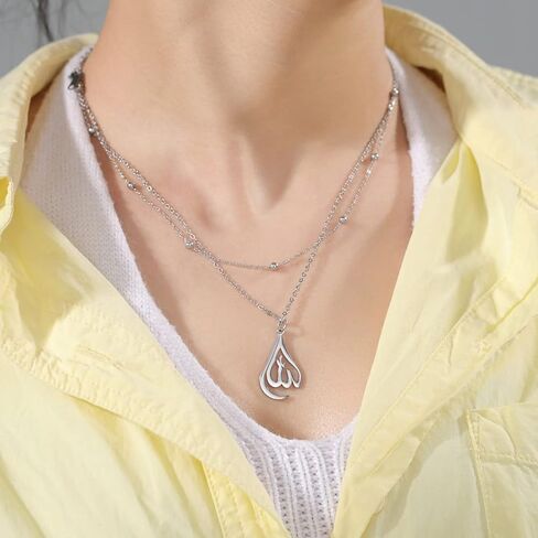 Islamic Muslim Allah Layered Necklaces For Women Stainless Steel Charm Water Drop Heart Shape Allah Pendant Double Layer Necklace Islamic Jewelry in Kuwait
