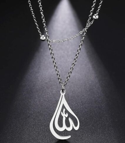 Islamic Muslim Allah Layered Necklaces For Women Stainless Steel Charm Water Drop Heart Shape Allah Pendant Double Layer Necklace Islamic Jewelry in Kuwait