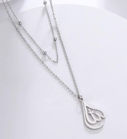 Islamic Muslim Allah Layered Necklaces For Women Stainless Steel Charm Water Drop Heart Shape Allah Pendant Double Layer Necklace Islamic Jewelry in Kuwait