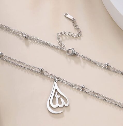 Islamic Muslim Allah Layered Necklaces For Women Stainless Steel Charm Water Drop Heart Shape Allah Pendant Double Layer Necklace Islamic Jewelry in Kuwait