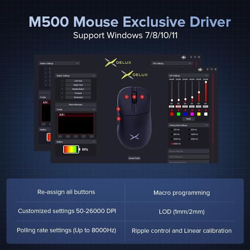 ماوس الألعاب اللاسلكي المريح DeLUX M500 PRO، خفيف الوزن 58.5 جرام، معدل تصويت 8000 هرتز، قاعدة شحن RGB، PAW3395 مع 26000 نقطة في البوصة، اتصال ثلاثي الوضع، عجلة TTC الذهبية (أسود) in Saudi Arabia