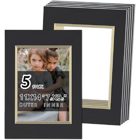 Falling in Art 11 * 14 Acid-Free Picture Double Mats for 8 * 10 Photos, White Core Bevel Cut Matting for Prints, Artwork, and DIY Projects, 5 Pack, White Over Black