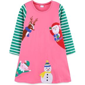 Bumeex Girl's Long Sleeve Dresses Cotton Christmas Cute Embroidery Applique Swing A-Line Casual Tunic Playwear 2-13 Years