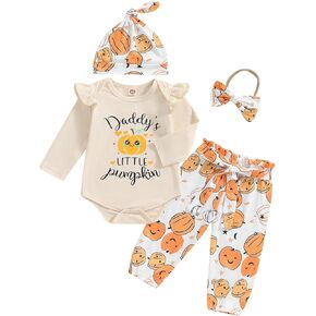 Newborn Baby Girl Halloween Outfit Mamas Pumpkin Long Sleeve Romper Pumpkin Pants Headband Hat Halloween Clothes Set