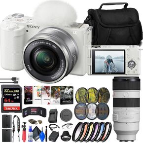 Sony ZV-E10 Mirrorless Camera with 16-50mm Lens (Black) (ILCZV-E10L/B) + Sony FE 70-200mm Lens + 64GB Card + Filter Kit + Color Filter Kit + Lens Hood + External Charger + More (Renewed)