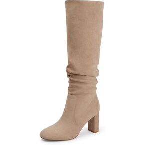 Knee High Boots for Women 3 IN Block Heel Faux Suede Slouchy Boots Elegant and Comfortable Tall Boots with Round Toe