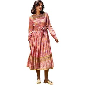 R.Vivimos Women's Long Sleeve Boho Floral Print Dress Crew Neck Button Down Casual Loose Slit Flowy Midi Dress with Belt
