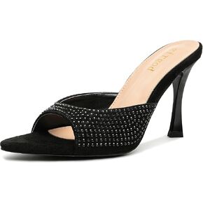 Women's Rhinestone Heels Pointed Toe Stiletto Kitten High Heels Sandals Suede Slip On Mules 4.13 Inch Wedding Dress Pumps