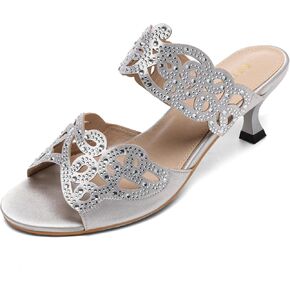 Womens Sparkly Kitten Heel Sandals,Ladies Summer Rhinestones Glitter Wedding Evening Slides Double Strap Dressy Casual Bling Low Heel Slip on Party Trendy Fancy Memory Foam Comfortable Shoe
