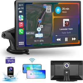 9 Inch Portable Car Screen Compatible with Apple Carplay and Android Auto: Wireless Carplay Screen for Car with 4K Dash Cam, 1080P Backup Camera, Navigation, FM, AirPlay, AUX, 64GB Card