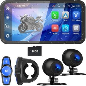 6.25 inch Motorcycle DVR, Portable Wireless Carplay & Android Auto Screen for Motorcycle, Motorcycle GPS Navigation Touchscreen, IP67 Waterproof, Bluetooth, Siri/G00gle Assistant, 128G TF Card