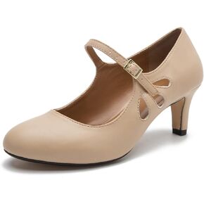 fereshte Women's Men's Mary Jane Hollow Out Round Toe Mid Kitten Heel Pumps Shoes