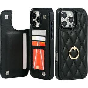 for iPhone 16 Pro Wallet Case with Card Holder, 360° Rotation Ring Kickstand Card Slots Case, Leather Case with Double Magnetic Clasp Compatible with iPhone 16 Pro 6.3" 2024 Beige