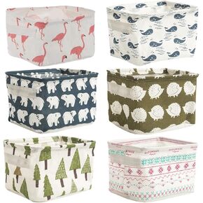 6 Pcs Canvas Storage Bins Baskets Cartoon Storage Box Small Foldable Storage Baskets with Handles for Bathroom Nursery Kids Toys Home Office