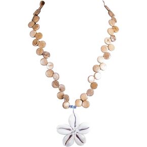 BlueRica Cowrie Flower Pendant on Wood Disk Bead Necklace