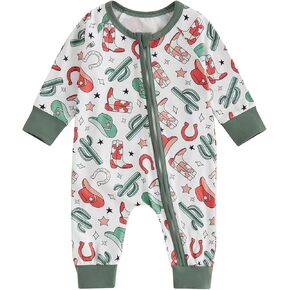 Newborn Baby Boy Girl Footless Onesie Cowboy Hat Cactus Printed Long Sleeve Zip Up Romper Bodysuit Western Clothes