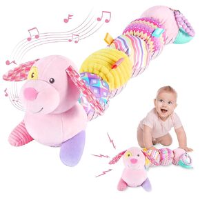 Baby Toys 0-6 to 12 Months, Musical Infant Toys with Multi-Sensory Crinkle, Rattle and Textures, Soft Stuffed Animal Newborn Toys for 0-3-6-12 Month Old Baby Girls - Puppy, Pink