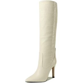 LEMUTISME Women's Classic Pointed Toe Stitchcraft Slouchy Wide Calf Slip On Elegant Stiletto High Heel Knee High Boots