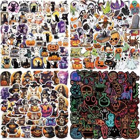 200 PCS Halloween Stickers for Kids - Cute Pumpkin Black Cat and Horror Halloween Neon Style Stickers for Scrapbook Water Bottles Laptop, Halloween Holiday Party Favors Crafts Gifts