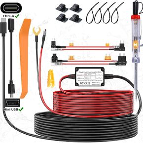 Dash Cam Hardwire Kit, USB Type-C Dashcam Power Charger Cable Dash Camera Hardwire Kit DC 12V-24V to 5V/3A Low Voltage Protection with Fuse Tap for Dash Camera, GPS, Radar, Mirror Dashcam