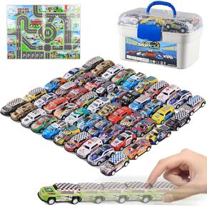 Mostop 100 PCS Mini Pull Back Car Set, Pull Back Racing Vehicles for Kids Toddlers, Kids Party Favors Car Pack Toy with Storage Box and Map, Bulk Small Vehicles, Push and Go Racing Cars for Kids