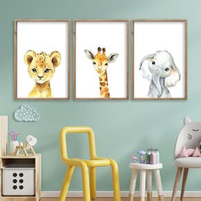 Safari Lion Elephant Giraffe Wall Art Decor 15x23 Inch Set Of 3 Animal Nursery Room Sign for Boy Girl Kids' Baby Bedroom Wood Framed Neutal Home Jungle Artwork Wall Hanging (Wood)