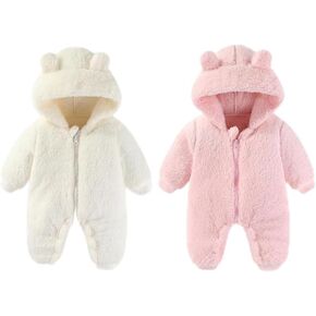 White and Pink 0-3 Months Newborn Baby Bear Onesie Outfit Suit Girls Boys Fleece Jumpsuit Romper Hooded Winter Snowsuit Clothes