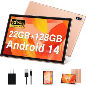 Tablet Android 14 Tablets 10.1 inch with 22GB RAM 128GB ROM, Octa-Core Processor 8000mAh TF 1TB, G+G HD IPS Display Tableta, Dual Camera, Widevine L1 Bluetooth GPS Tablet PC (Gold)