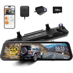WOLFBOX G900 PRO Mirror Dash Cam with STARVIS 2 IMX678, 12 inches Rear View Mirror Camera with Front 4K and Rear 2.5K, Included 128GB Card, Voice Control, 5.8GHz WiFi, Loop Recording, G-Sensor & GPS