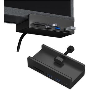 USB C Hub Clamp Aluminum 2-Port USB 3.0, USB C Data Port, SD/TF Card Reader for 0.39''-1.18'' Thickness Desktop PC, Desks,Monitor Stand Desktop Powered USB Hub and Cell Phone Holder (Black)