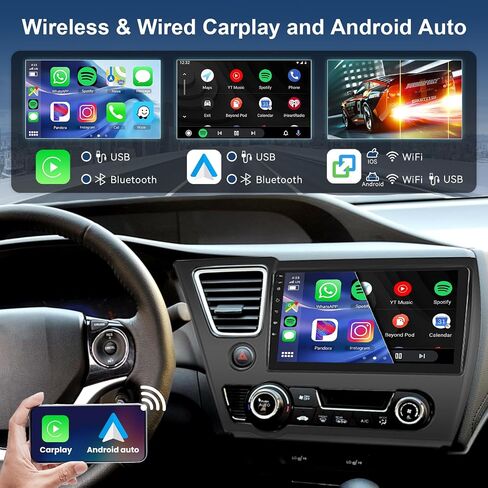 Hodozzy 2GB+64GB 8 Core Android Car Stereo for Honda Civic 2013 2014 2015 2016 2017 with Wireless Carplay Android Auto, 9 inch Touch Screen Car Radio GPS Bluetooth WiFi, FM RDS Radio, Backup Camera in Saudi Arabia