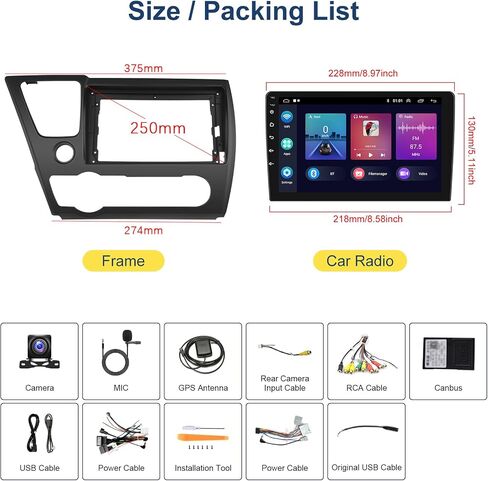 Hodozzy 2GB+64GB 8 Core Android Car Stereo for Honda Civic 2013 2014 2015 2016 2017 with Wireless Carplay Android Auto, 9 inch Touch Screen Car Radio GPS Bluetooth WiFi, FM RDS Radio, Backup Camera in Saudi Arabia
