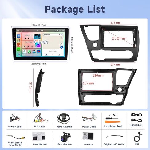 Hodozzy 2GB+64GB 8 Core Android Car Stereo for Honda Civic 2013 2014 2015 2016 2017 with Wireless Carplay Android Auto, 9 inch Touch Screen Car Radio GPS Bluetooth WiFi, FM RDS Radio, Backup Camera in Saudi Arabia