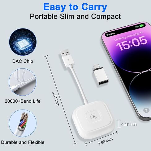 محول CarPlay اللاسلكي 2024، دونجل CarPlay لسيارات CarPlay السلكية OEM، تحويل سلكي إلى CarPlay لاسلكي، يدعم التوصيل والتشغيل عبر الإنترنت، سهل الاستخدام مناسب للسيارات من 2015 وiPhone (أبيض) in Saudi Arabia