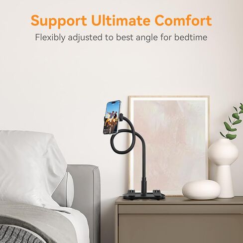 Gooseneck Phone Holder for Bed with Clamp, Adhesive Gooseneck Base Bed Phone Holder Long Arm Phone Bed Mount Cell Phone Holder Stand for Desk Compatible with All Cellphones(4"-7"), Black in Saudi Arabia