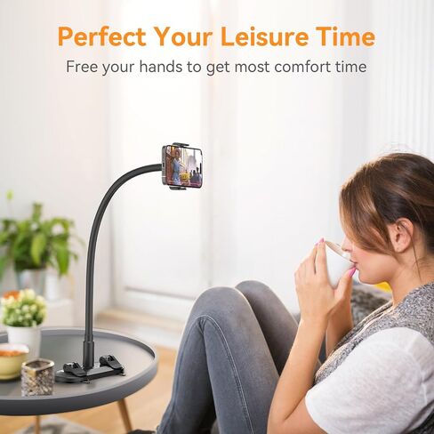 Gooseneck Phone Holder for Bed with Clamp, Adhesive Gooseneck Base Bed Phone Holder Long Arm Phone Bed Mount Cell Phone Holder Stand for Desk Compatible with All Cellphones(4"-7"), Black in Saudi Arabia