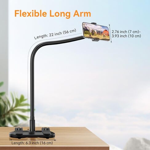Gooseneck Phone Holder for Bed with Clamp, Adhesive Gooseneck Base Bed Phone Holder Long Arm Phone Bed Mount Cell Phone Holder Stand for Desk Compatible with All Cellphones(4"-7"), Black in Saudi Arabia