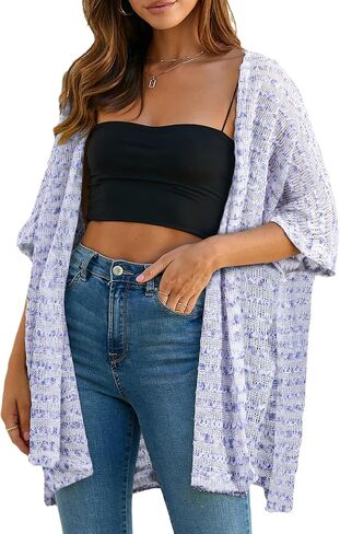 Sidefeel Womens 2024 Summer Lightweight Sheer Cardigan Casual Striped Crochet Knit Open Front Side Slit Boho Kimono Cover Ups in Saudi Arabia