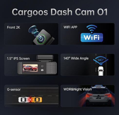 O1 Dash Cam للسيارة 2K 1440P، واي فاي مدمج، كاميرا أمامية للسيارات مع التحكم في التطبيق، شاشة IPS 1.50 بوصة، مستشعر G، رؤية ليلية فائقة، WDR، وضع ركن السيارة لمدة 24 ساعة in Saudi Arabia