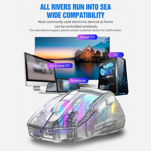 Docooler Wireless Gaming Mice with Transparent Crystal Shell, Tri-Modes(USB Wired+2.4G Wireless+Bluetooth), 3600DPI Adjustable E-Sports Mice, RGB Slient Mouse with Ergonomics Design - White/Black in Kuwait