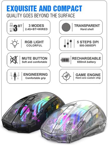 Docooler Wireless Gaming Mice with Transparent Crystal Shell, Tri-Modes(USB Wired+2.4G Wireless+Bluetooth), 3600DPI Adjustable E-Sports Mice, RGB Slient Mouse with Ergonomics Design - White/Black in Kuwait
